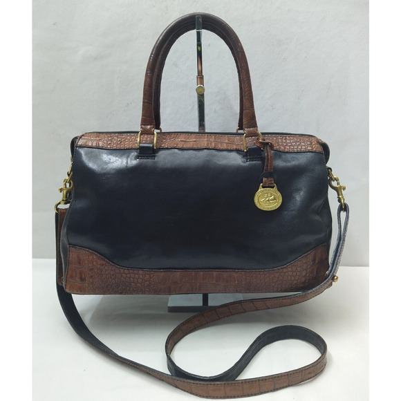 Brahmin Black Leather Crocodile Embossed Top Handle Zipper Satchel Bag - Vintage - Picture 1 of 16